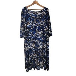 Roamans Swing Dress Woman's Plus size 4X 3/4 sleeve Boatneck Blue White Floral